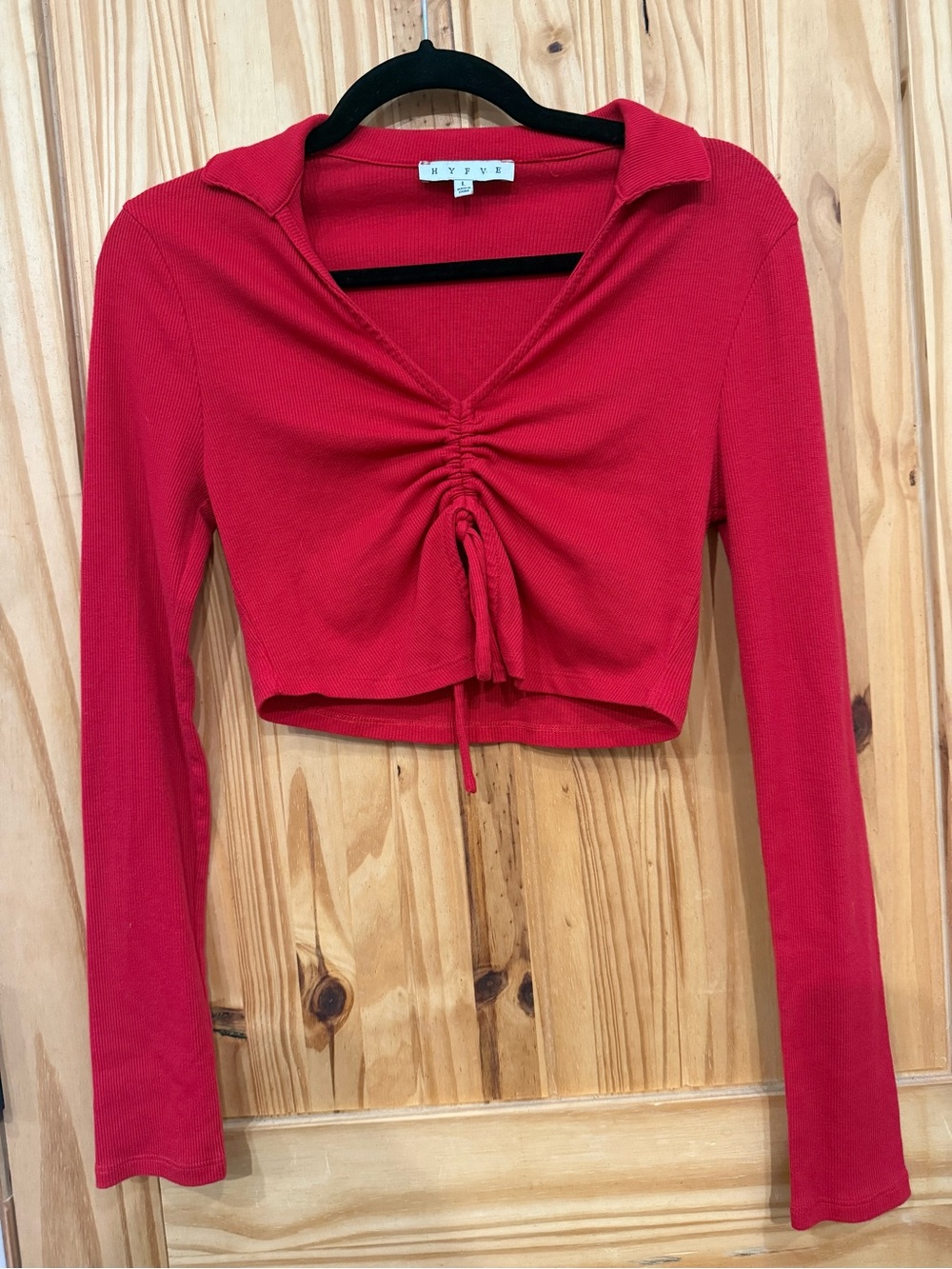 HYFVE Red Ruched V-Neck Long Sleeve Crop Top